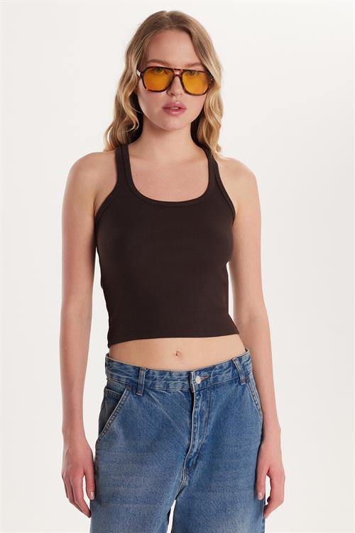 Kadın Slim Fit Dar Kesim İnce Askılı U Yaka Kahverengi Body Atlet