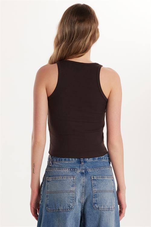 Kadın Slim Fit Dar Kesim İnce Askılı U Yaka Kahverengi Body Atlet