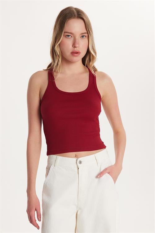 Kadın Slim Fit Dar Kesim İnce Askılı U Yaka Bordo Body Atlet