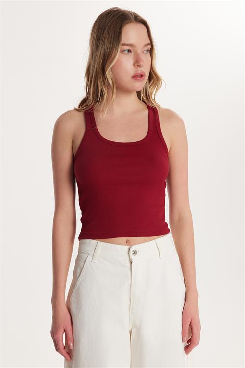 Kadın Slim Fit Dar Kesim İnce Askılı U Yaka Bordo Body Atlet