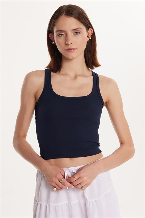 Kadın Slim Fit Dar Kesim İnce Askılı U Yaka Lacivert Body Atlet