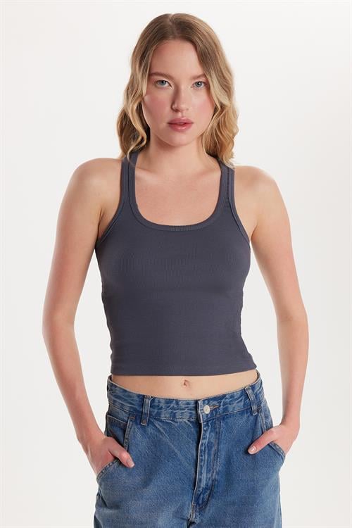 Kadın Slim Fit Dar Kesim İnce Askılı U Yaka Antrasit Body Atlet