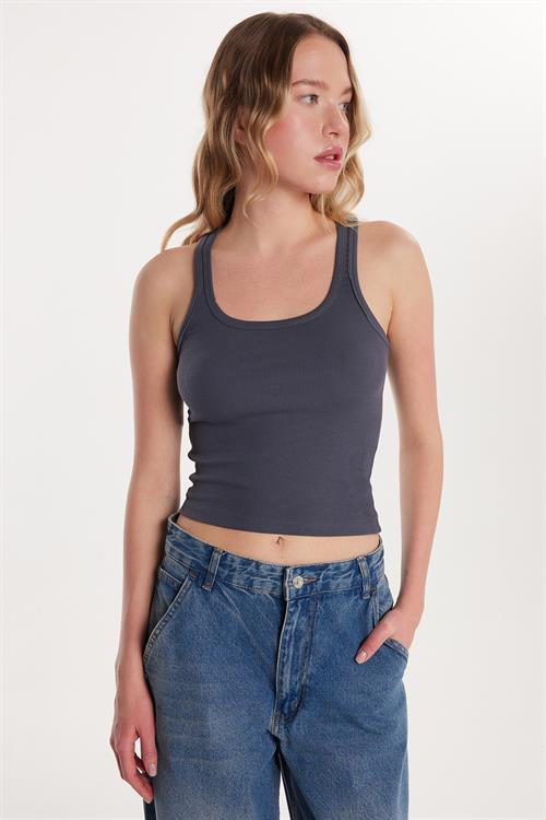 Kadın Slim Fit Dar Kesim İnce Askılı U Yaka Antrasit Body Atlet
