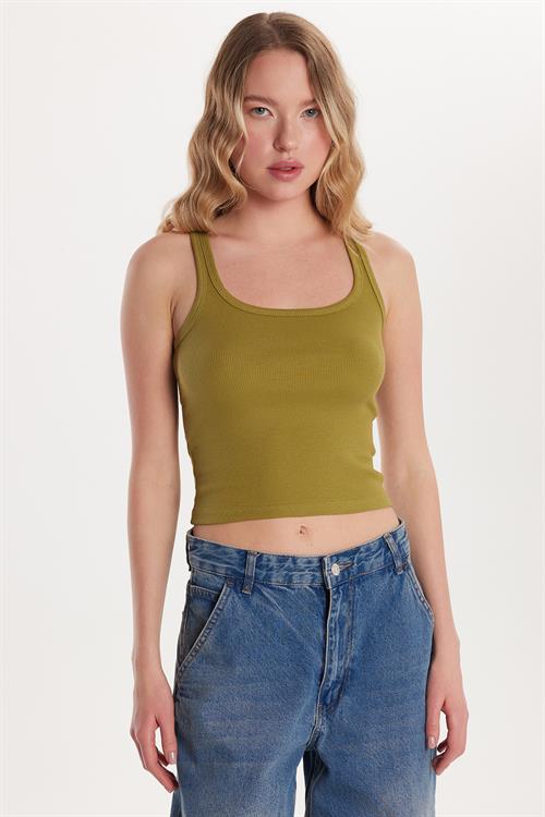 Kadın Slim Fit Dar Kesim İnce Askılı U Yaka Yeşil Body Atlet