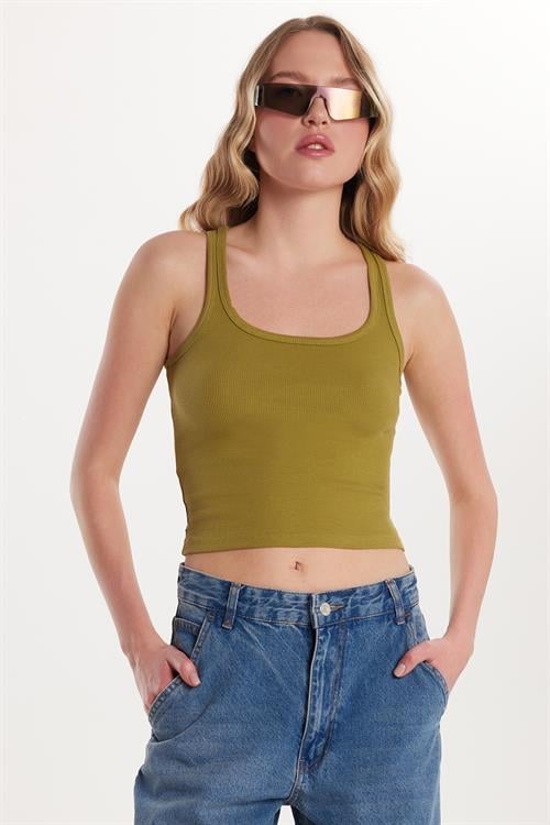 Kadın Slim Fit Dar Kesim İnce Askılı U Yaka Yeşil Body Atlet