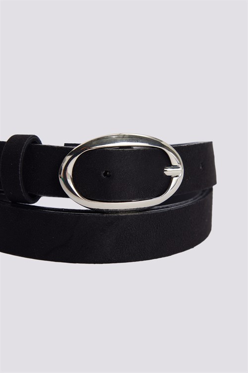 Kadın Oval Gümüş Tokalı 110 cm Standart Siyah Kadın Kemer