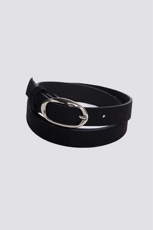 Kadın Oval Gümüş Tokalı 110 cm Standart Siyah Kadın Kemer