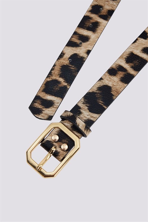 Kadın 110cm Gold Tokalı Leopar Desenli Kadın Kemer 