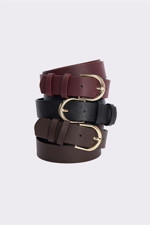 Kadın Gold Tokalı 3 cm 3lü Set Siyah-Bordo-Kahverengi Kemer