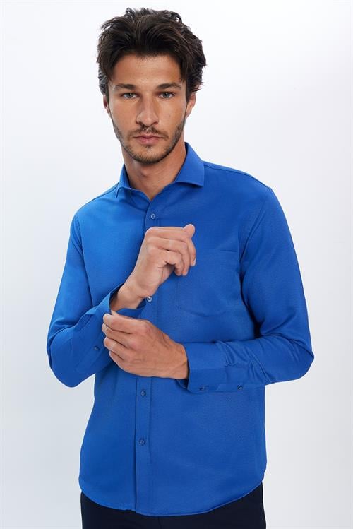 Erkek Regular Fit Klasik Kesim Pamuklu Desenli Sax Mavi Gömlek