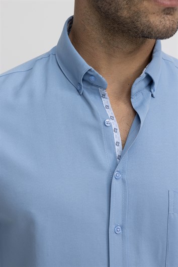 Erkek Regular Fit Klasik Kesim Pamuklu Oxford Doku Tek Cepli Mavi Düğmeli Yaka Gömlek