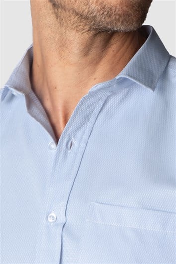Erkek Regular Fit Klasik Kesim Armürlü Kravatlık Yaka Desenli Mavi Gömlek