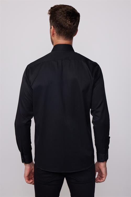 Erkek Regular Fit Klasik Kesim Armürlü Kravatlık Yaka Desenli Siyah Gömlek