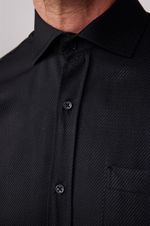 Erkek Regular Fit Klasik Kesim Armürlü Kravatlık Yaka Desenli Siyah Gömlek