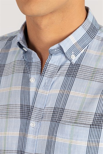 Erkek Regular Fit Klasik Kesim Oversize %100 Pamuk Keten Doku Ekoseli Düğmeli Yaka Gömlek Özel