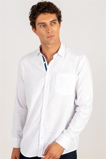 Erkek Regular Fit Klasik Kesim Oversize %100 Pamuk Keten Doku Cepli Beyaz Gömlek