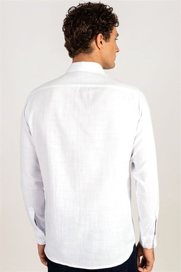 Erkek Regular Fit Klasik Kesim Oversize %100 Pamuk Keten Doku Cepli Beyaz Gömlek