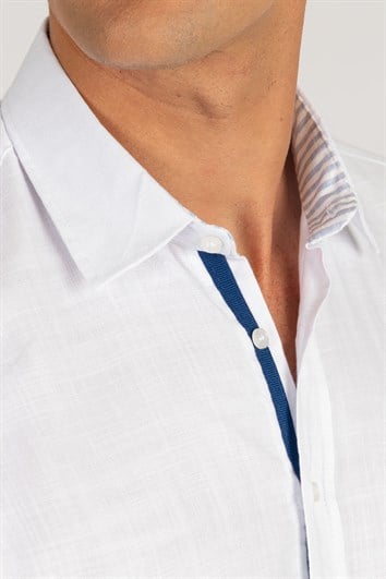 Erkek Regular Fit Klasik Kesim Oversize %100 Pamuk Keten Doku Cepli Beyaz Gömlek