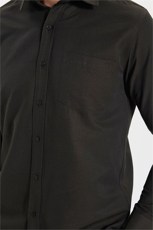 Erkek Regular Fit Klasik Kesim Pamuklu Tek Cepli Armürlü Haki Gömlek