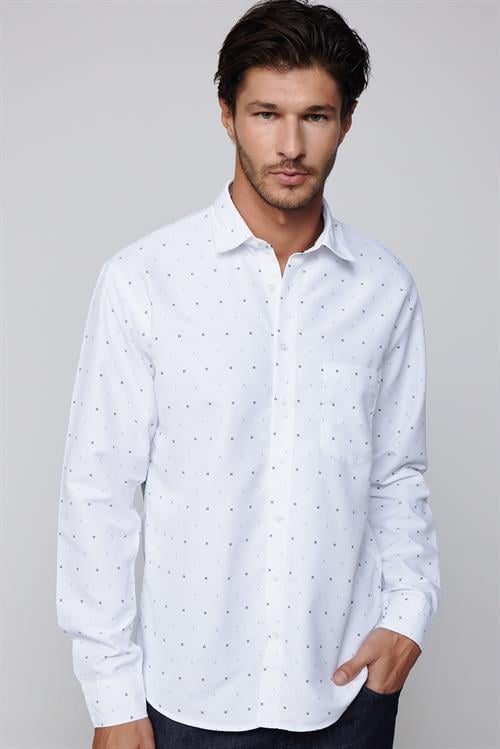 Erkek Regular Fit Klasik Kesim Kolay Ütülenebilir Baskılı Beyaz Gömlek
