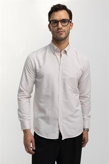 Erkek Regular Fit Klasik Kesim Oxford Doku Yaka Düğmeli Cepli Nakışlı Taş Gömlek