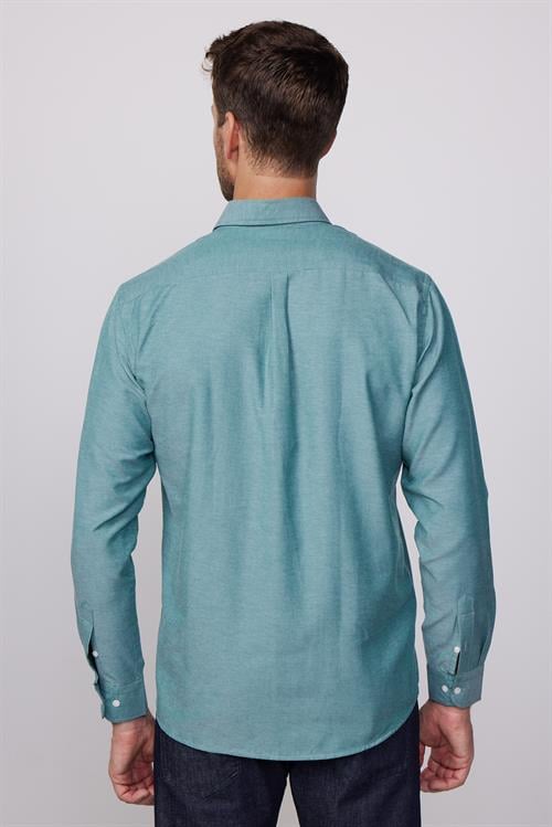 Erkek Regular Fit Klasik Kesim Oxford Doku Yaka Düğmeli Cepli Nakışlı Yeşil Gömlek