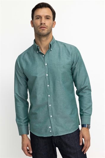 Erkek Regular Fit Klasik Kesim Oxford Doku Yaka Düğmeli Cepli Nakışlı Yeşil Gömlek
