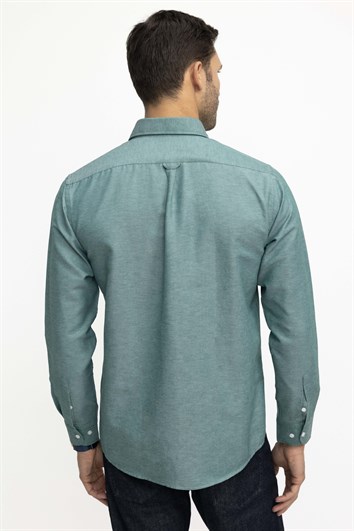 Erkek Regular Fit Klasik Kesim Oxford Doku Yaka Düğmeli Cepli Nakışlı Yeşil Gömlek