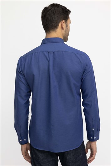 Erkek Regular Fit Klasik Kesim Oxford Doku Yaka Düğmeli Cepli Nakışlı İndigo Gömlek