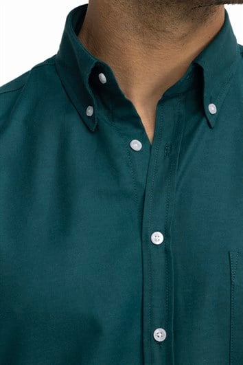 Erkek Regular Fit Klasik Kesim Oxford Doku Yaka Düğmeli Cepli Nakışlı Yeşil Gömlek