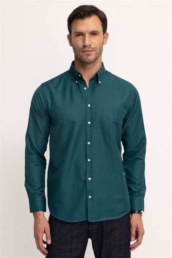 Erkek Regular Fit Klasik Kesim Oxford Doku Yaka Düğmeli Cepli Nakışlı Yeşil Gömlek