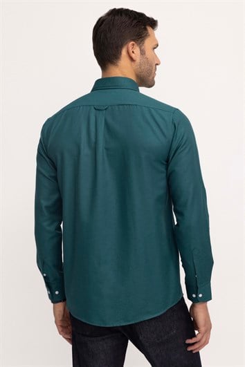 Erkek Regular Fit Klasik Kesim Oxford Doku Yaka Düğmeli Cepli Nakışlı Yeşil Gömlek
