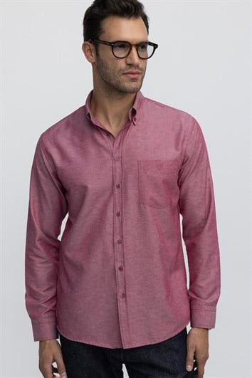 Erkek Regular Fit Klasik Kesim Oxford Doku Yaka Düğmeli Cepli Nakışlı Kırmızı Gömlek