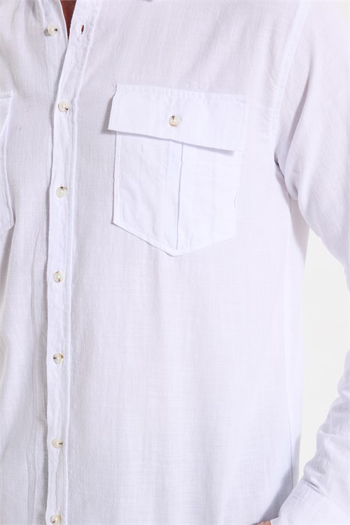 Erkek Regular Fit Klasik Kesim Oversize %100 Pamuk Keten Doku Çift Cep Beyaz Gömlek
