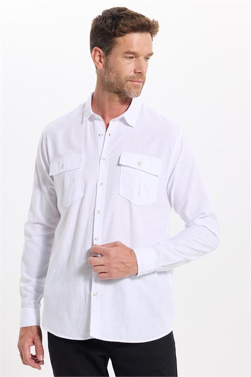 Erkek Regular Fit Klasik Kesim Oversize %100 Pamuk Keten Doku Çift Cep Beyaz Gömlek