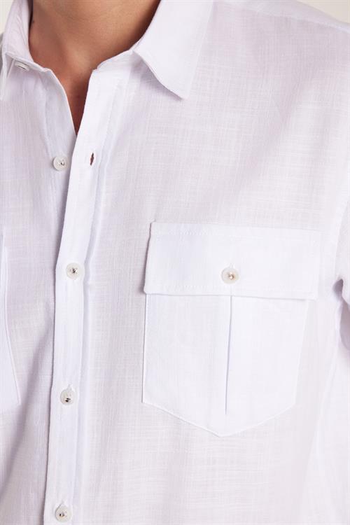 Erkek Regular Fit Klasik Kesim Oversize %100 Pamuk Keten Doku Çift Cep Beyaz Gömlek