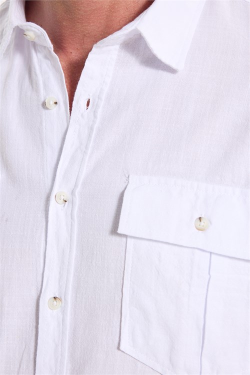 Erkek Regular Fit Klasik Kesim Oversize %100 Pamuk Keten Doku Çift Cep Beyaz Gömlek