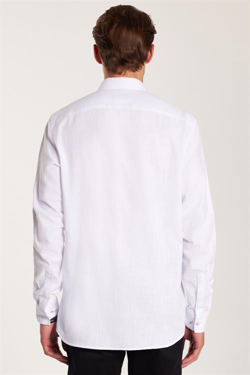 Erkek Regular Fit Klasik Kesim Oversize %100 Pamuk Keten Doku Çift Cep Beyaz Gömlek