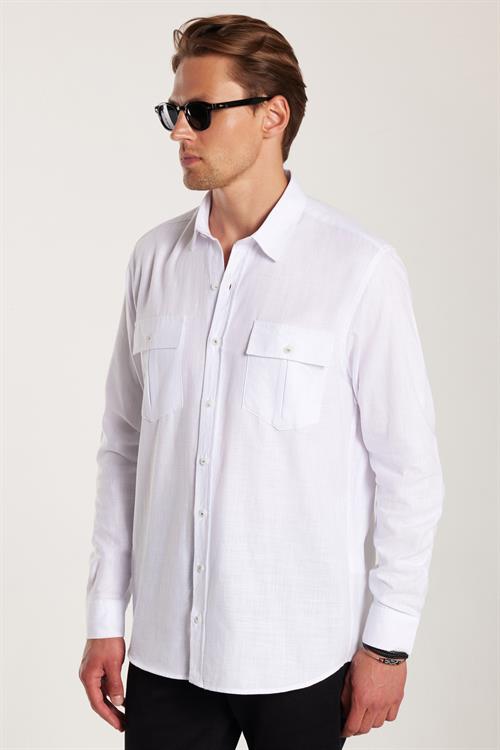 Erkek Regular Fit Klasik Kesim Oversize %100 Pamuk Keten Doku Çift Cep Beyaz Gömlek
