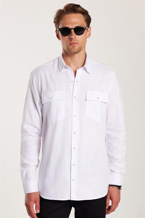 Erkek Regular Fit Klasik Kesim Oversize %100 Pamuk Keten Doku Çift Cep Beyaz Gömlek