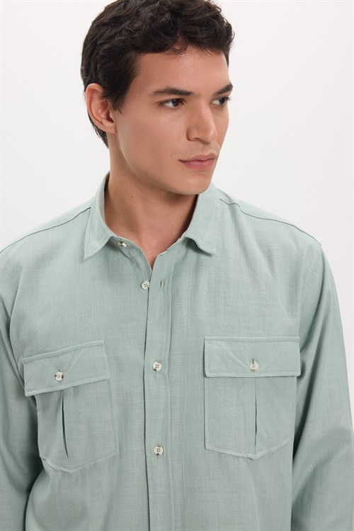 Erkek Regular Fit Klasik Kesim Oversize %100 Pamuk Keten Doku Çift Cep Yeşil Gömlek