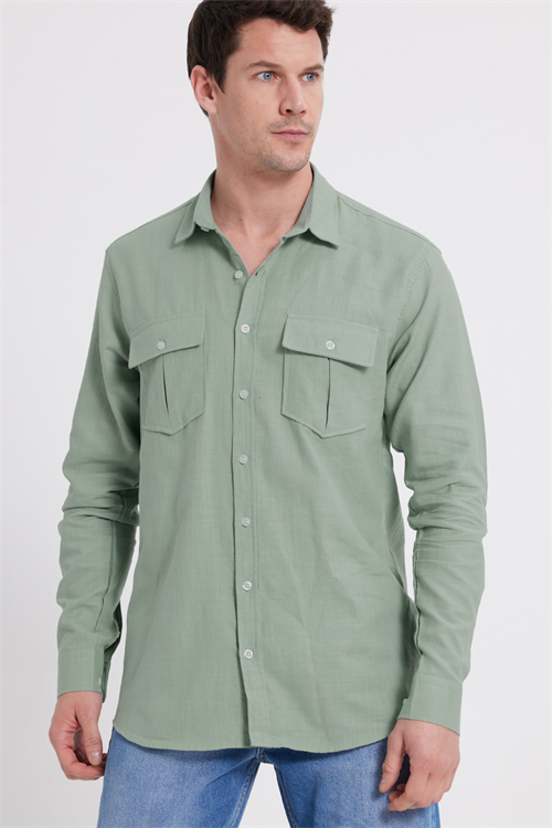 Erkek Regular Fit Klasik Kesim Oversize %100 Pamuk Keten Doku Çift Cep Yeşil Gömlek