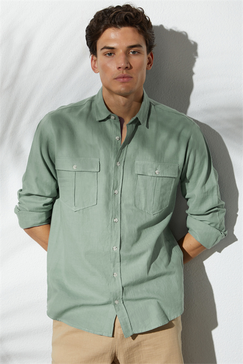 Erkek Regular Fit Klasik Kesim Oversize %100 Pamuk Keten Doku Çift Cep Yeşil Gömlek