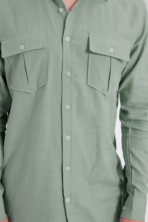 Erkek Regular Fit Klasik Kesim Oversize %100 Pamuk Keten Doku Çift Cep Yeşil Gömlek