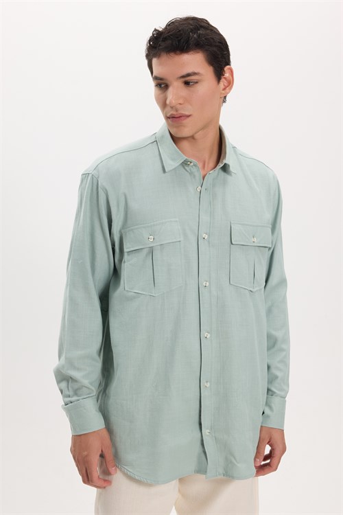 Erkek Regular Fit Klasik Kesim Oversize %100 Pamuk Keten Doku Çift Cep Yeşil Gömlek