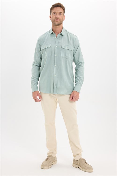 Erkek Regular Fit Klasik Kesim Oversize %100 Pamuk Keten Doku Çift Cep Yeşil Gömlek
