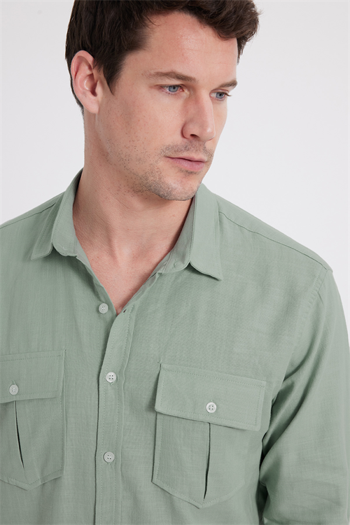 Erkek Regular Fit Klasik Kesim Oversize %100 Pamuk Keten Doku Çift Cep Yeşil Gömlek