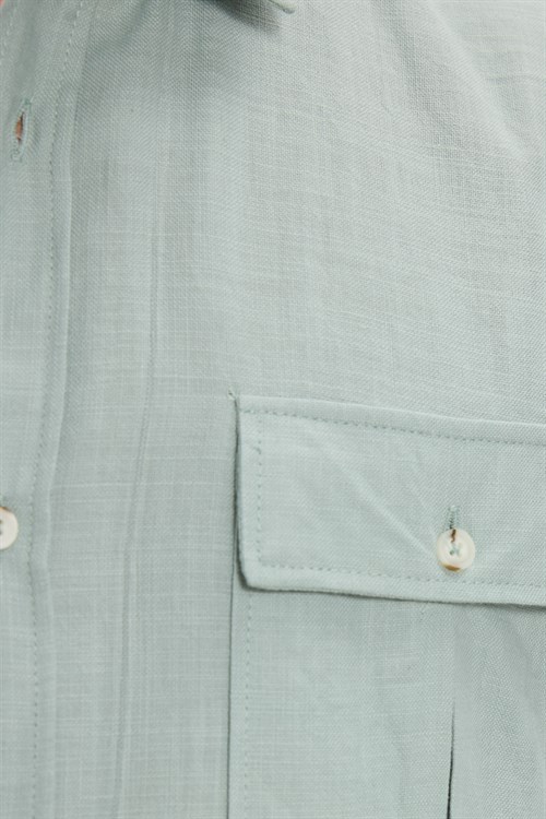 Erkek Regular Fit Klasik Kesim Oversize %100 Pamuk Keten Doku Çift Cep Yeşil Gömlek