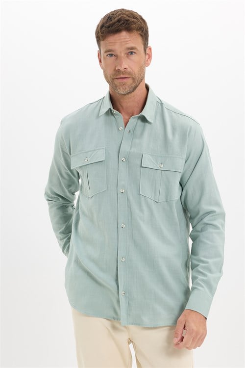 Erkek Regular Fit Klasik Kesim Oversize %100 Pamuk Keten Doku Çift Cep Yeşil Gömlek