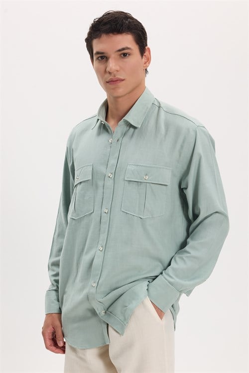 Erkek Regular Fit Klasik Kesim Oversize %100 Pamuk Keten Doku Çift Cep Yeşil Gömlek